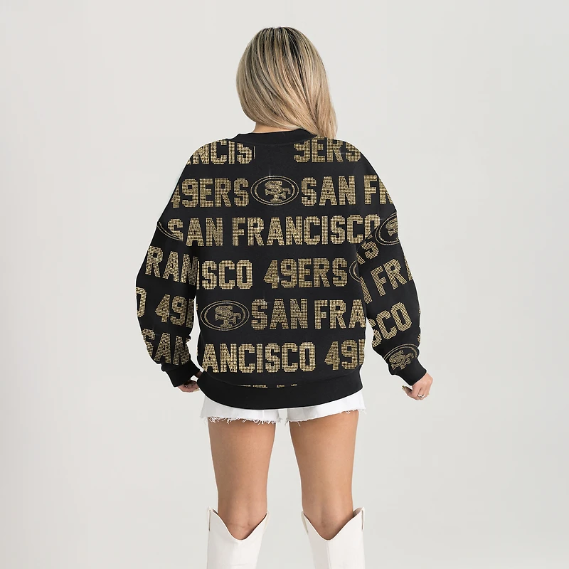 Sweat-shirt noir Gameday Couture pour femme, coupe décontractée, épaules tombantes, motif Hype Era, avec texte en strass, des 49ers de San Francisco