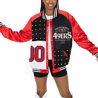 Women's Gameday Couture  Scarlet/Black San Francisco 49ers Oversized Hot Shot Rhinestone Throwback Full-Snap Varsity Bomber Jacket