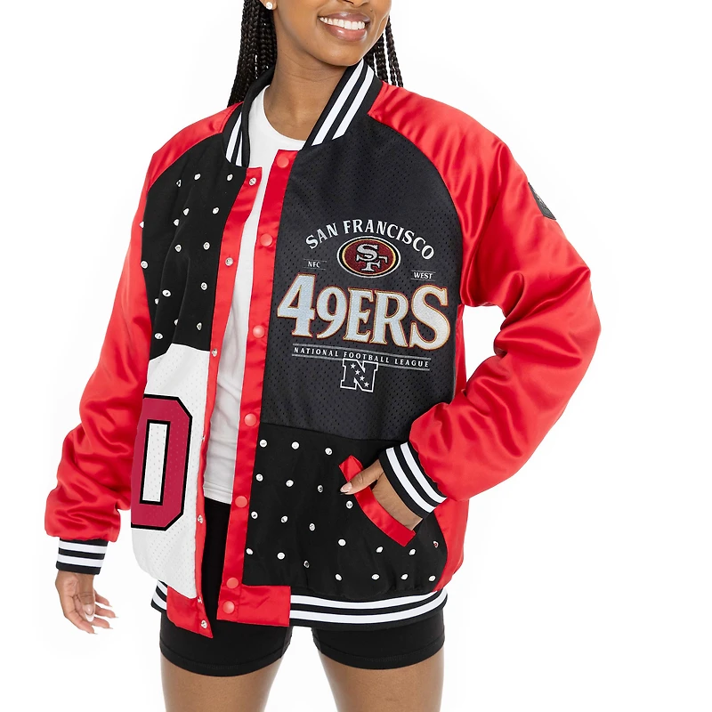 Women's Gameday Couture  Scarlet/Black San Francisco 49ers Oversized Hot Shot Rhinestone Throwback Full-Snap Varsity Bomber Jacket