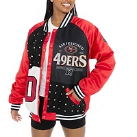 Women's Gameday Couture  Scarlet/Black San Francisco 49ers Oversized Hot Shot Rhinestone Throwback Full-Snap Varsity Bomber Jacket