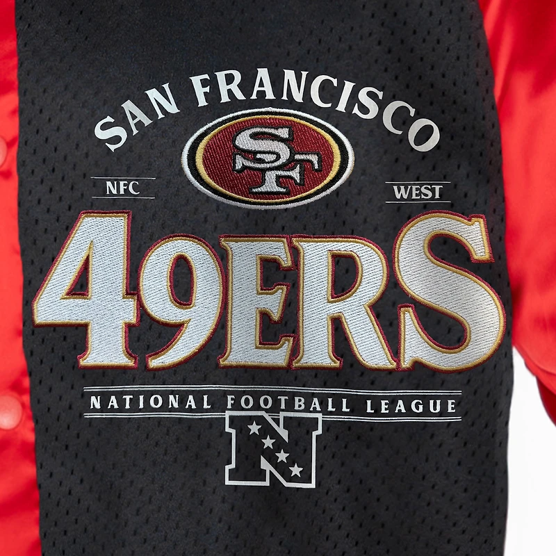 Veste bomber surdimensionnée à boutons-pression et strass Gameday Couture pour femme des 49ers de San Francisco, couleur écarlate/noir, avec logo Hot Shot