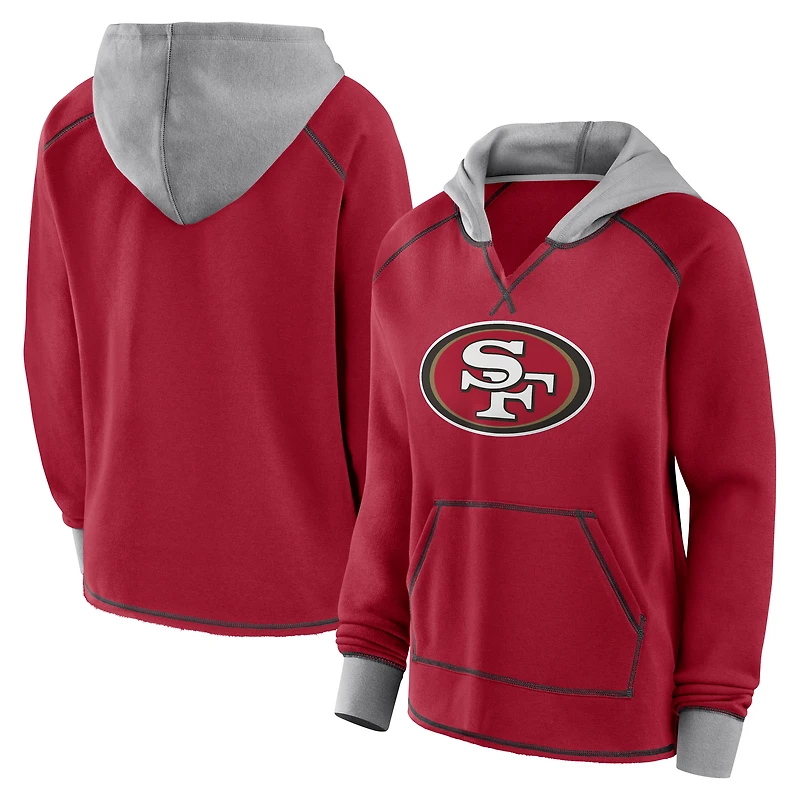 Women's Logo Athletic Scarlet San Francisco 49ers Boom Fleece Pullover V-Neck Hoodie