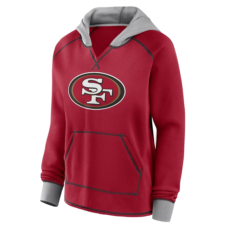 Women's Logo Athletic Scarlet San Francisco 49ers Boom Fleece Pullover V-Neck Hoodie