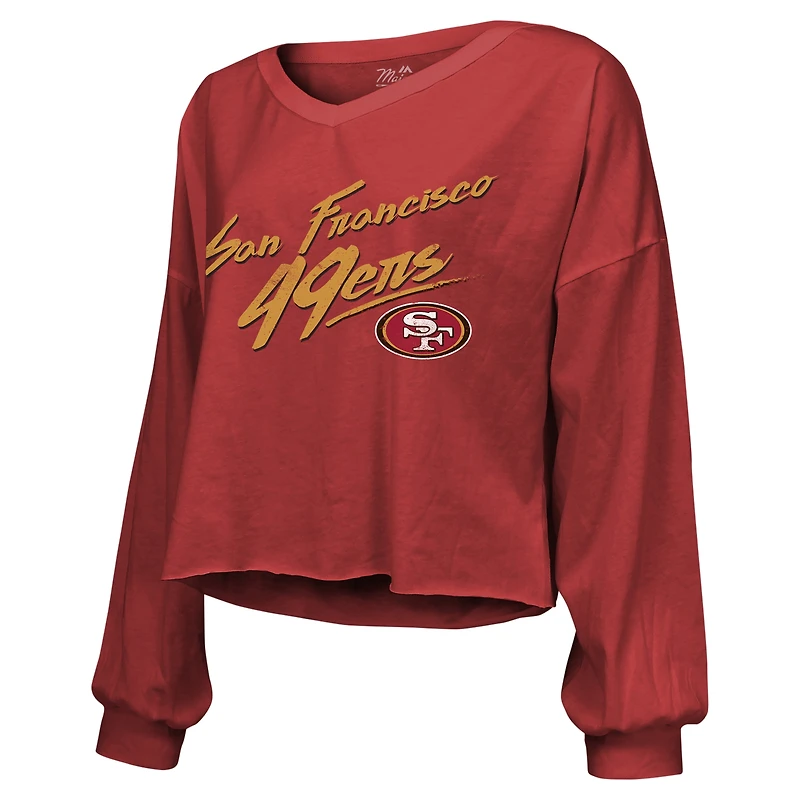 Women's Majestic Threads Brock Purdy Scarlet San Francisco 49ers Name & Number Off-Shoulder Script Cropped Long Sleeve Relaxed V-Neck T-Shirt