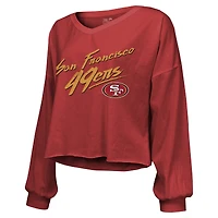 Women's Majestic Threads Brock Purdy Scarlet San Francisco 49ers Name & Number Off-Shoulder Script Cropped Long Sleeve V-Neck T-Shirt