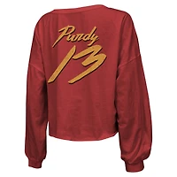 Women's Majestic Threads Brock Purdy Scarlet San Francisco 49ers Name & Number Off-Shoulder Script Cropped Long Sleeve V-Neck T-Shirt