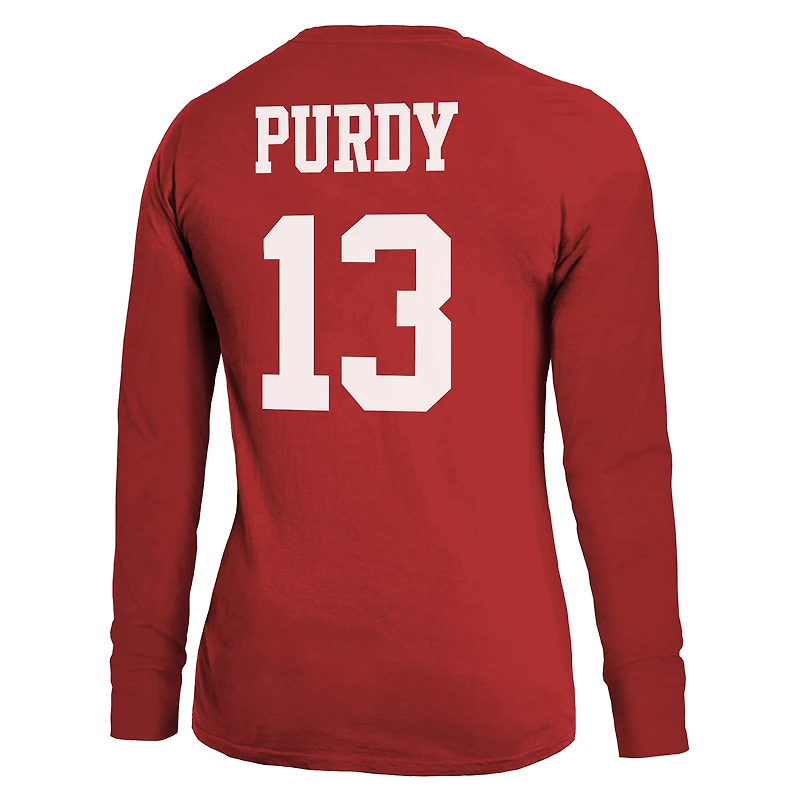 T-shirt à manches longues pour femme Majestic Threads Brock Purdy Scarlet avec nom et numéro du joueur des 49ers de San Francisco