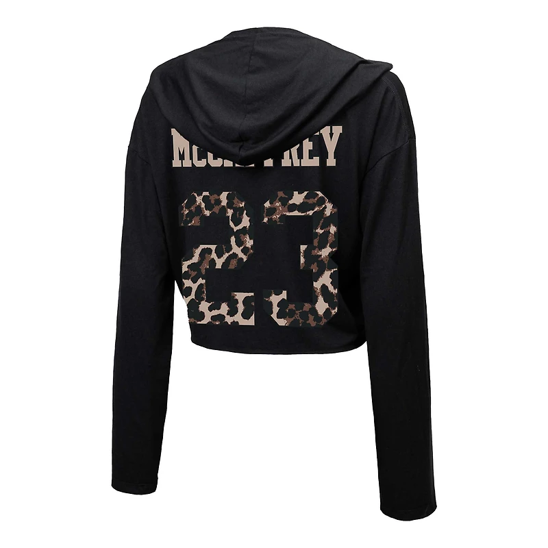 Majestic Threads Christian McCaffrey pour femmes, noir, San Francisco 49ers, léopard, nom et numéro du joueur, sweat à capuche court manches longues