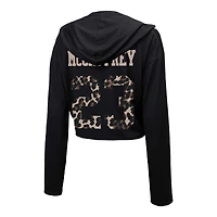 Majestic Threads Christian McCaffrey pour femmes, noir, San Francisco 49ers, léopard, nom et numéro du joueur, sweat à capuche court manches longues