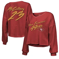 Women's Majestic Threads Christian McCaffrey Scarlet San Francisco 49ers Name & Number Off-Shoulder Script Cropped Long Sleeve V-Neck T-Shirt