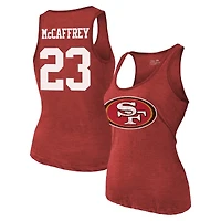 Débardeur tri-mélange avec nom et numéro Majestic Threads Christian McCaffrey Scarlet San Francisco 49ers pour femmes