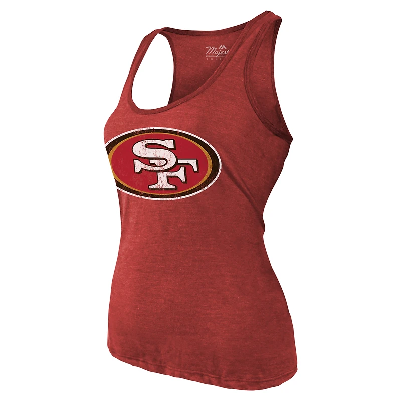 Débardeur tri-mélange avec nom et numéro Majestic Threads Christian McCaffrey Scarlet San Francisco 49ers pour femmes