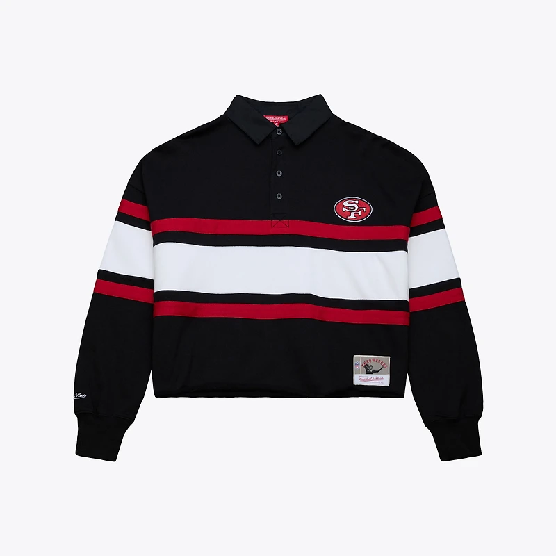 Women's Mitchell & Ness Black San Francisco 49ers Cropped Long Sleeve Rugby Polo