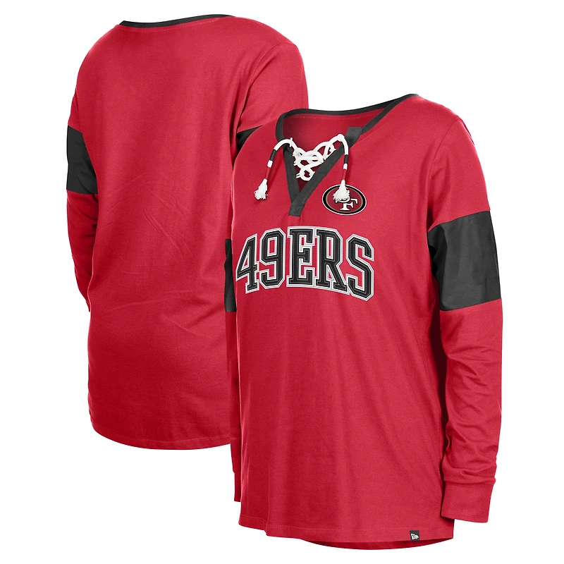 Women's New Era Scarlet San Francisco 49ers Lace-Up Notch-Neck Long Sleeve T-Shirt