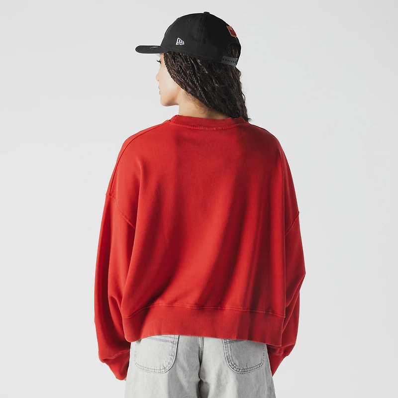 Women's New Era Scarlet San Francisco 49ers Oversized Throwback Mineral Wash Crew Neck Sweatshirt