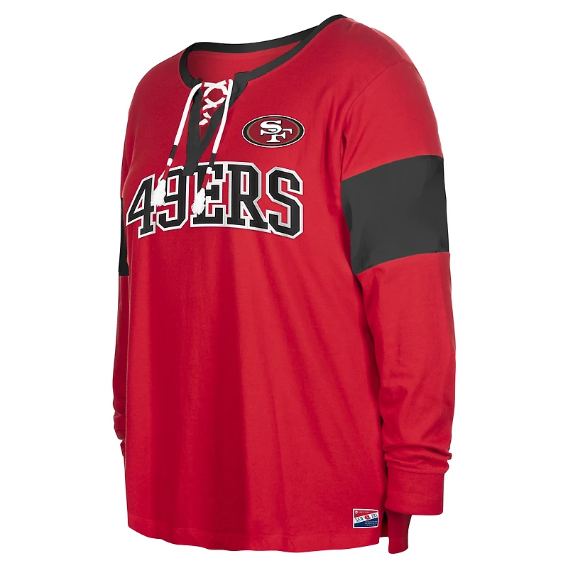 Women's New Era Scarlet San Francisco 49ers Plus Lace-Up Notch Neck Long Sleeve T-Shirt