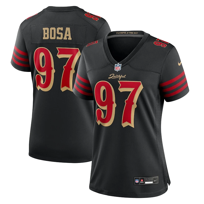 Maillot Nike Nick Bosa noir pour femme des San Francisco 49ers, collection Rivalries 2025
