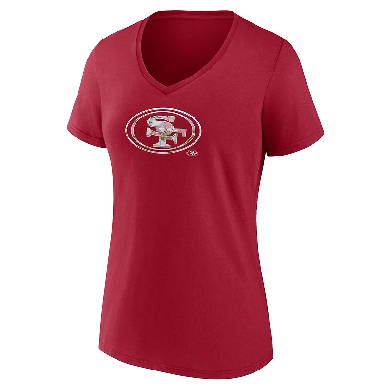 T-shirt à col en V fleuri Scarlet San Francisco 49ers numéro 1 pour femme