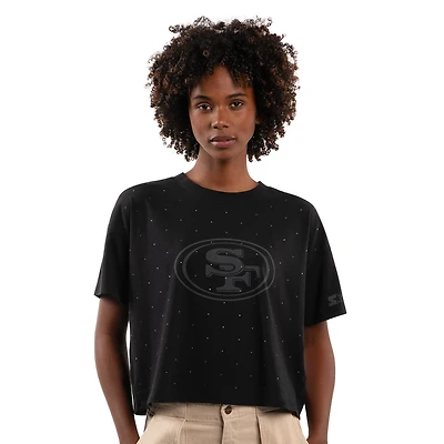 Women's Starter Black San Francisco 49ers Rhinestone Sprinkle Boxy Cropped T-Shirt
