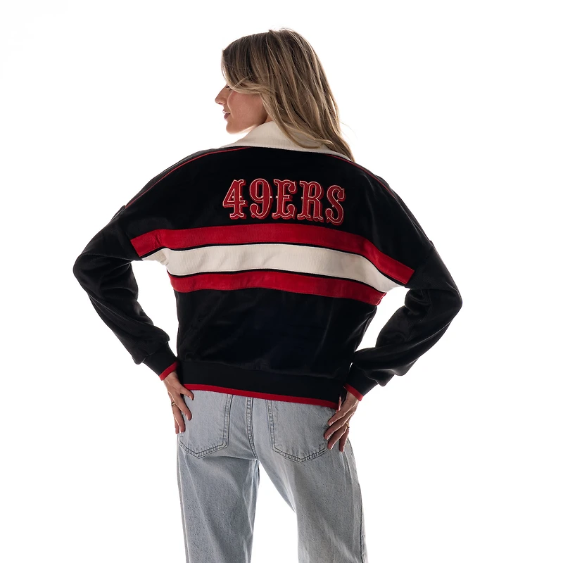 Women's The Wild Collective Black San Francisco 49ers Cropped Corduroy Full-Zip Bomber Jacket
