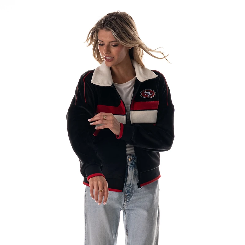 Women's The Wild Collective Black San Francisco 49ers Cropped Corduroy Full-Zip Bomber Jacket