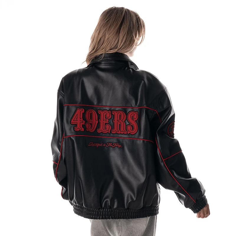 Women's The Wild Collective Black San Francisco 49ers Faux Leather Full-Snap Racing Jacket
