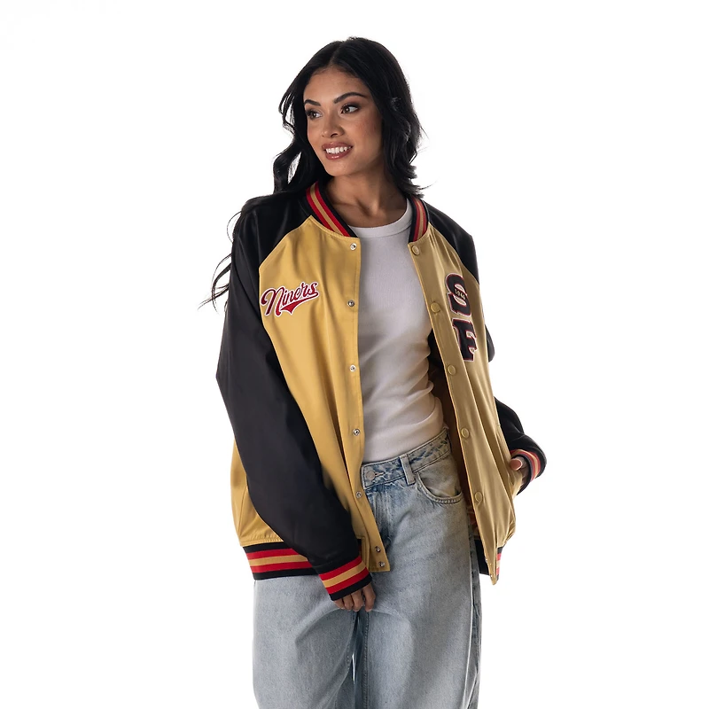 Women's The Wild Collective Gold San Francisco 49ers Oversized Satin Raglan Full-Snap Bomber Jacket