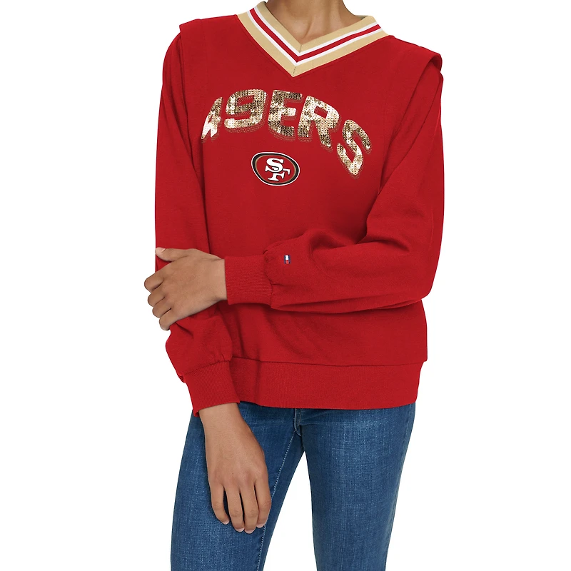 Women's Tommy Hilfiger Scarlet San Francisco 49ers Alice V-Neck Pullover Sweatshirt