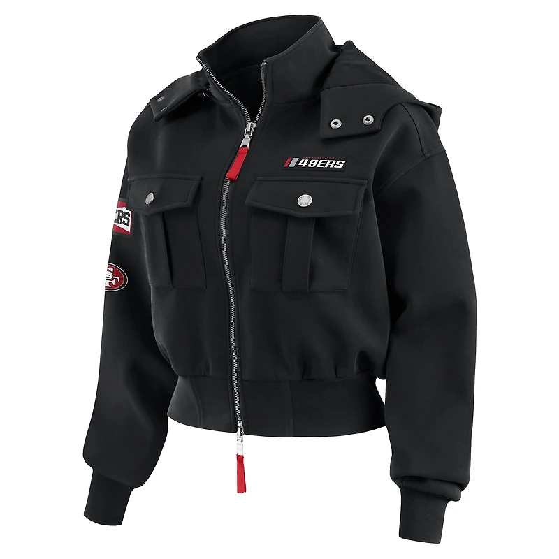 Women's WEAR by Erin Andrews Black San Francisco 49ers Tri-Blend Patch Pocket Cropped Full-Zip Bomber Hoodie Jacket