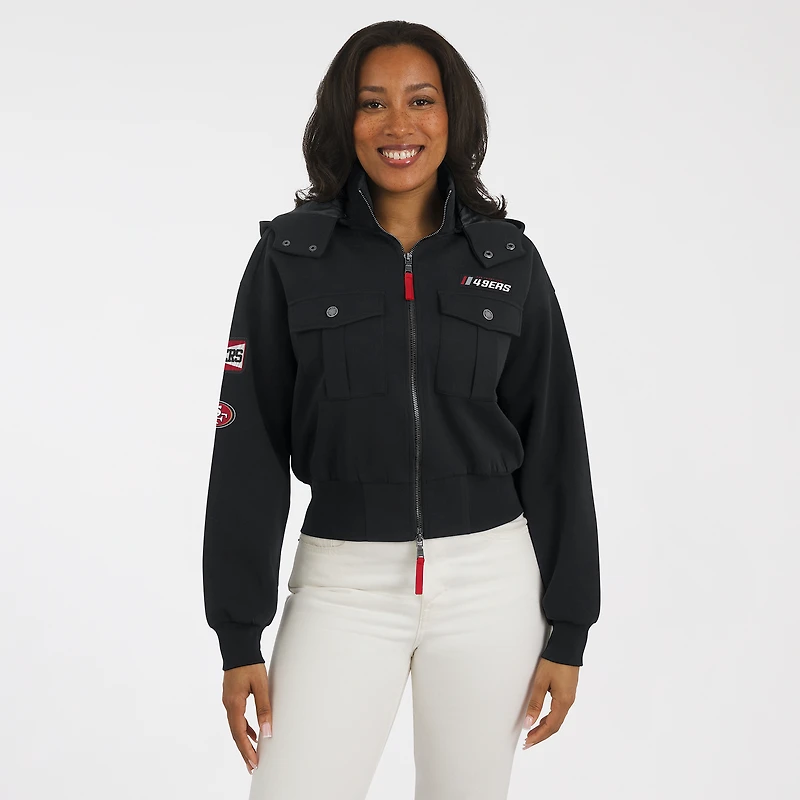 Women's WEAR by Erin Andrews Black San Francisco 49ers Tri-Blend Patch Pocket Cropped Full-Zip Bomber Hoodie Jacket