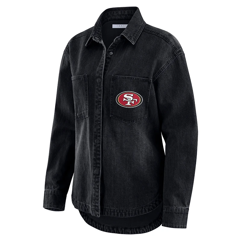Women's WEAR by Erin Andrews Black San Francisco 49ers Washed Oversized Denim Full-Snap Shacket