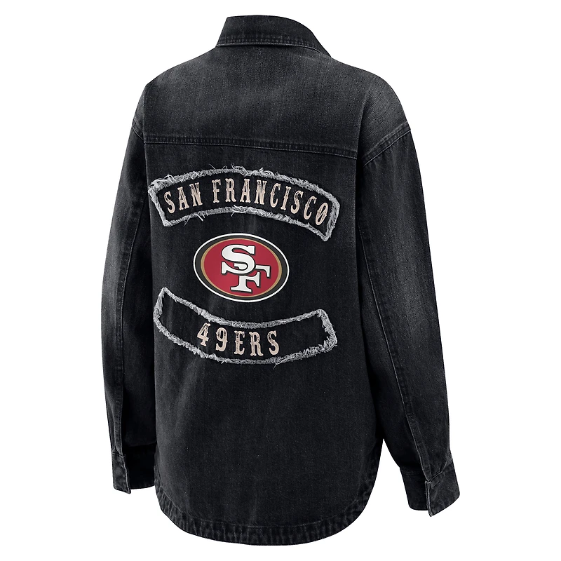Women's WEAR by Erin Andrews Black San Francisco 49ers Washed Oversized Denim Full-Snap Shacket