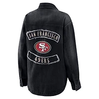 Women's WEAR by Erin Andrews Black San Francisco 49ers Washed Oversized Denim Full-Snap Shacket