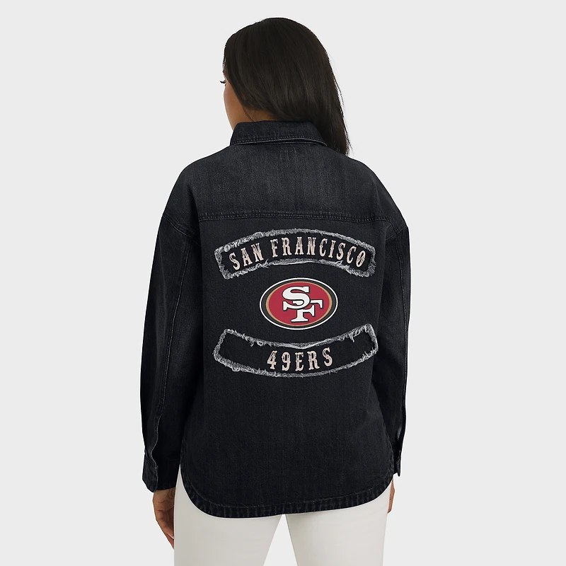 Women's WEAR by Erin Andrews Black San Francisco 49ers Washed Oversized Denim Full-Snap Shacket