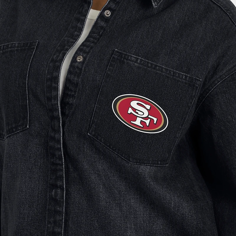 Women's WEAR by Erin Andrews Black San Francisco 49ers Washed Oversized Denim Full-Snap Shacket