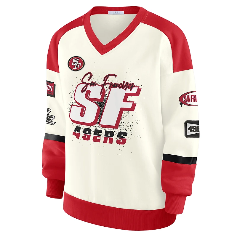 Women's WEAR by Erin Andrews  Cream San Francisco 49ers Racing Crew V-Neck Sweatshirt