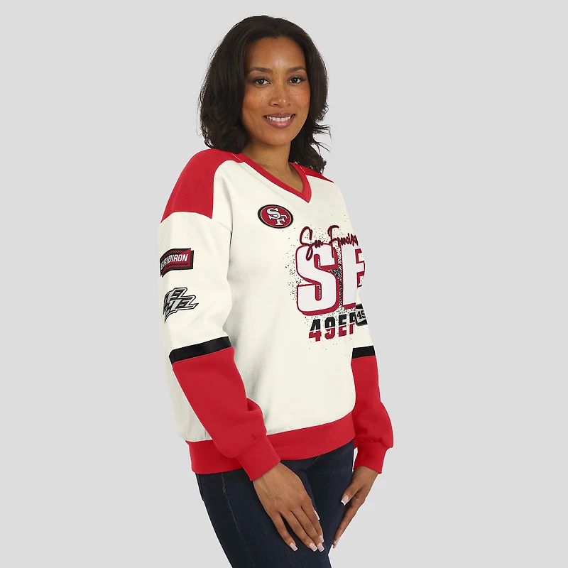 Women's WEAR by Erin Andrews  Cream San Francisco 49ers Racing Crew V-Neck Sweatshirt
