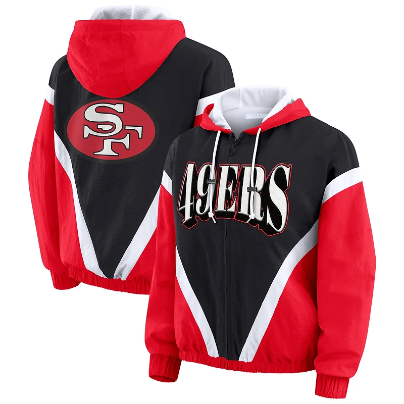Women's WEAR by Erin Andrews Scarlet/Black San Francisco 49ers Plus Retro Crinkle Full-Zip Hoodie Windbreaker Jacket