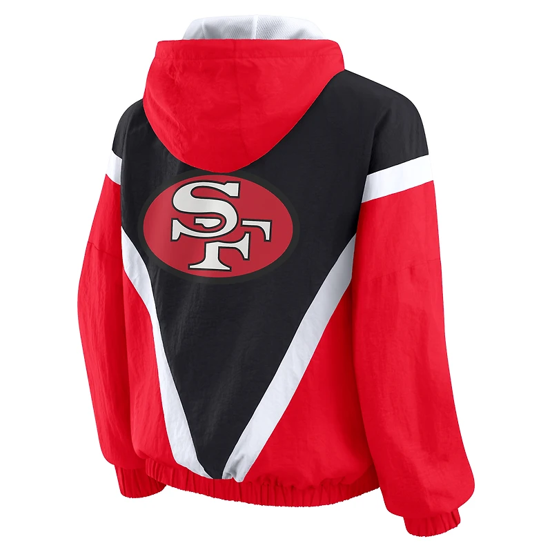 Veste coupe-vent à capuche entièrement zippée et froissée rétro grande taille pour femme par Erin Andrews, couleur écarlate/noir, des 49ers de San Francisco
