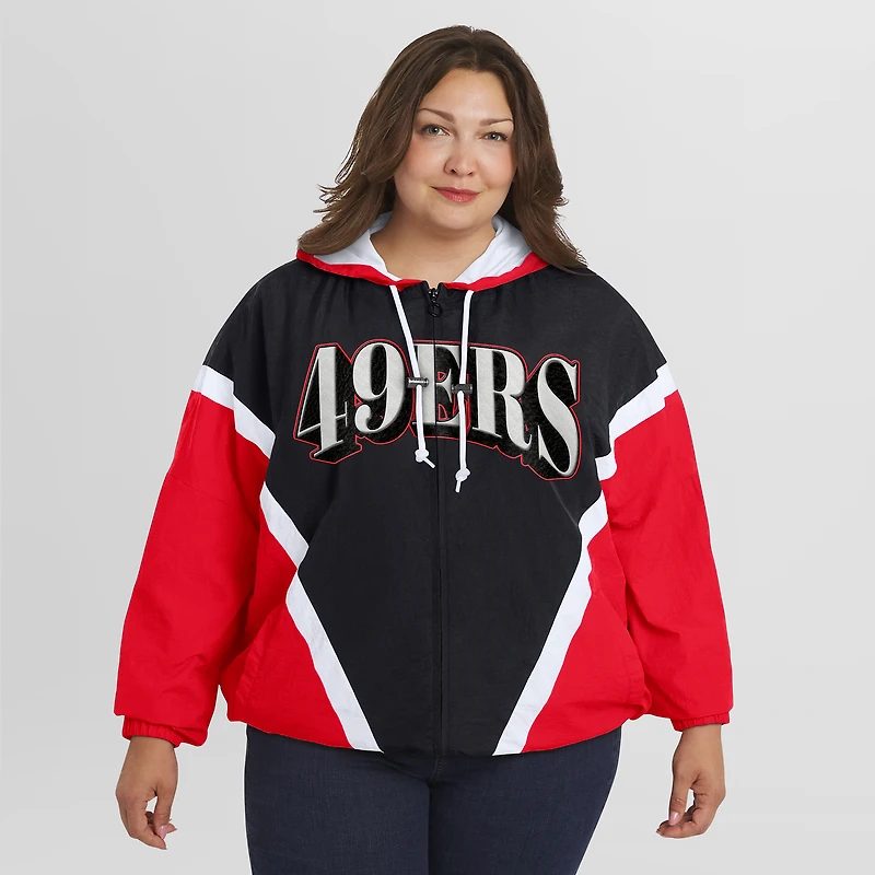 Veste coupe-vent à capuche entièrement zippée et froissée rétro grande taille pour femme par Erin Andrews, couleur écarlate/noir, des 49ers de San Francisco