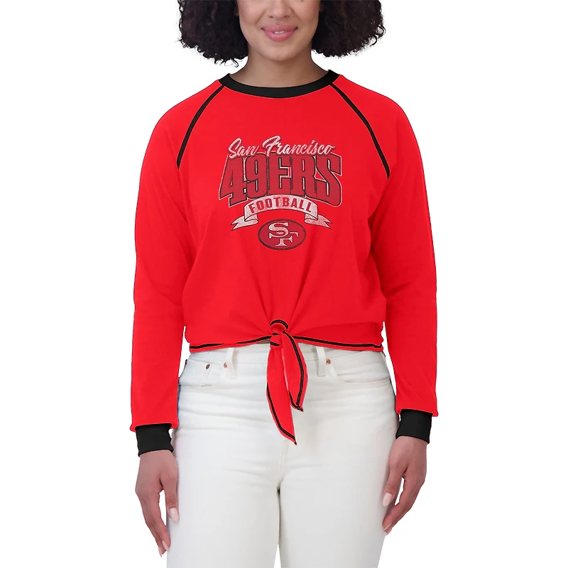 Women's WEAR by Erin Andrews Scarlet/Black San Francisco 49ers Tie-Front Long Sleeve Top
