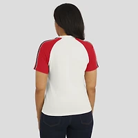 Women's WEAR by Erin Andrews White San Francisco 49ers Sleeve Stripe Distressed Raglan T-Shirt