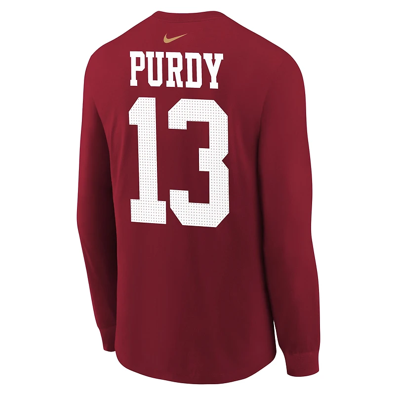 T-shirt à manches longues Nike Brock Purdy Scarlet pour jeune joueur des 49ers de San Francisco avec nom et numéro