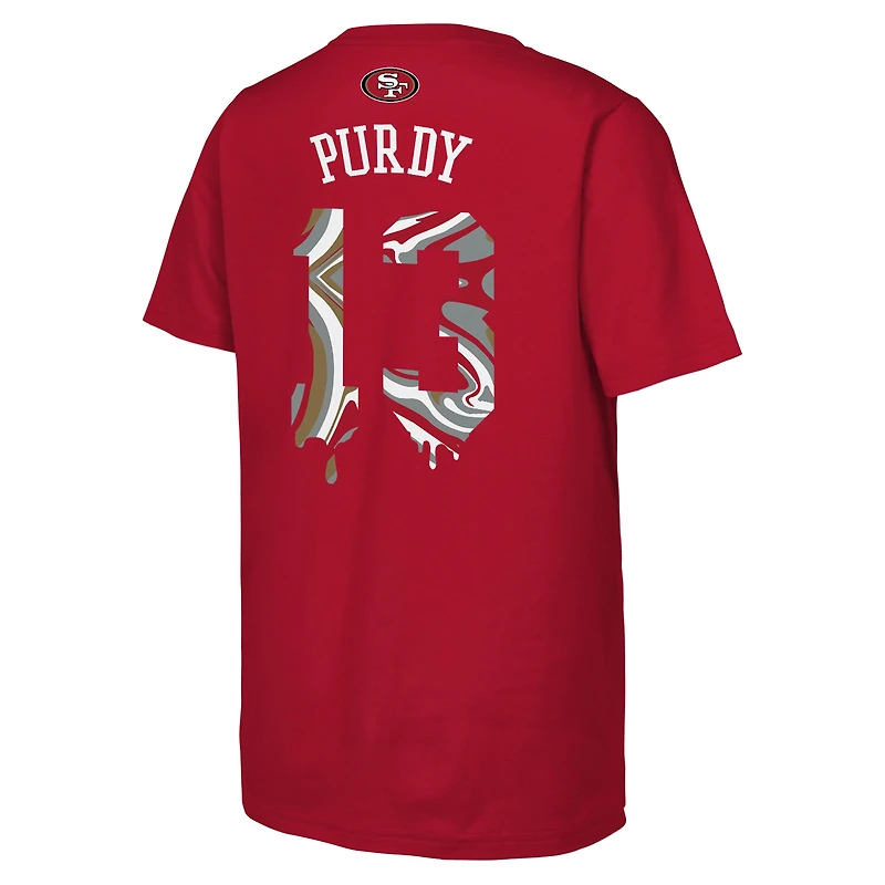 T-shirt Youth Outerstuff Brock Purdy Scarlet San Francisco 49ers Mainliner Drip avec nom et numéro de joueur