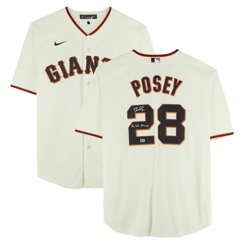 Maillot réplique Nike crème autographié par Buster Posey des Giants de San Francisco avec inscription « 3x Champion des World Series »