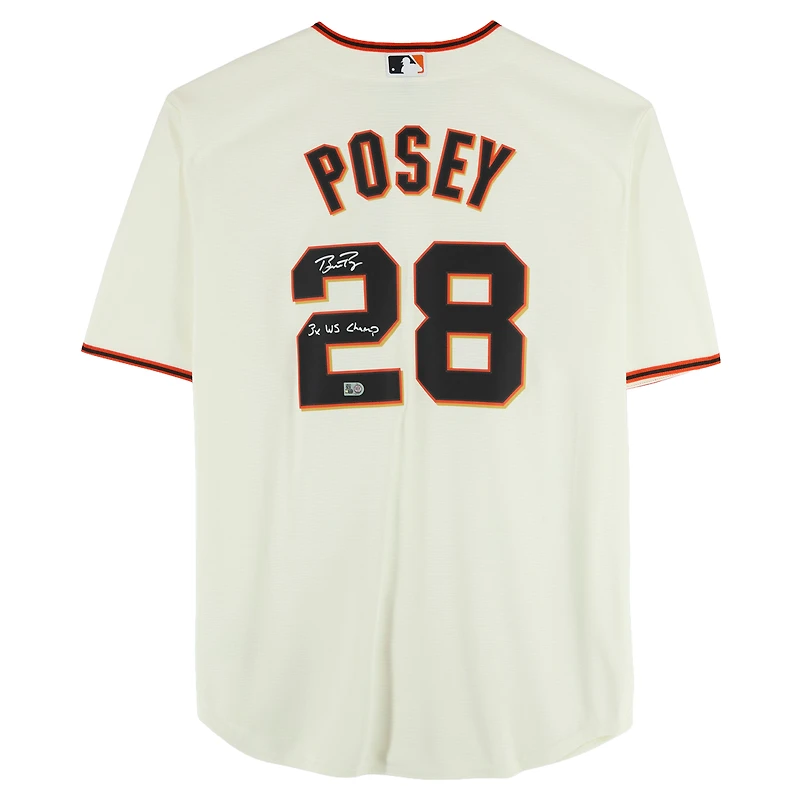 Buster Posey San Francisco Giants Autographed Cream Nike Replica Jersey with "3x WS Champ" Inscription