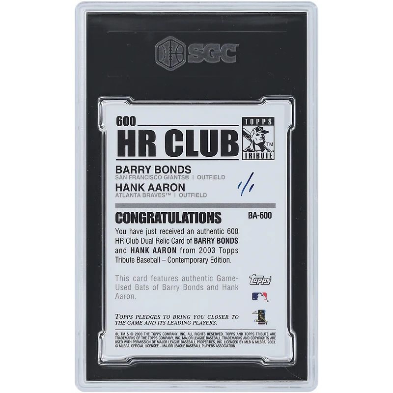 Hank Aaron & Barry Bonds 2003 Topps Tribute Contemporary Gold Dual Bat Relic #BA-600 #1/1 SGC Authenticated 8 Card