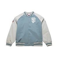 Veste Mitchell & Ness grise pour homme, modèle Thunderstorm de l'entraîneur-chef des Giants San Francisco, en satin léger à boutons-pression.