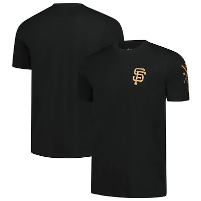 T-shirt New Era noir pour homme, logo bronze des Giants de San Francisco avec croix et chauves-souris.