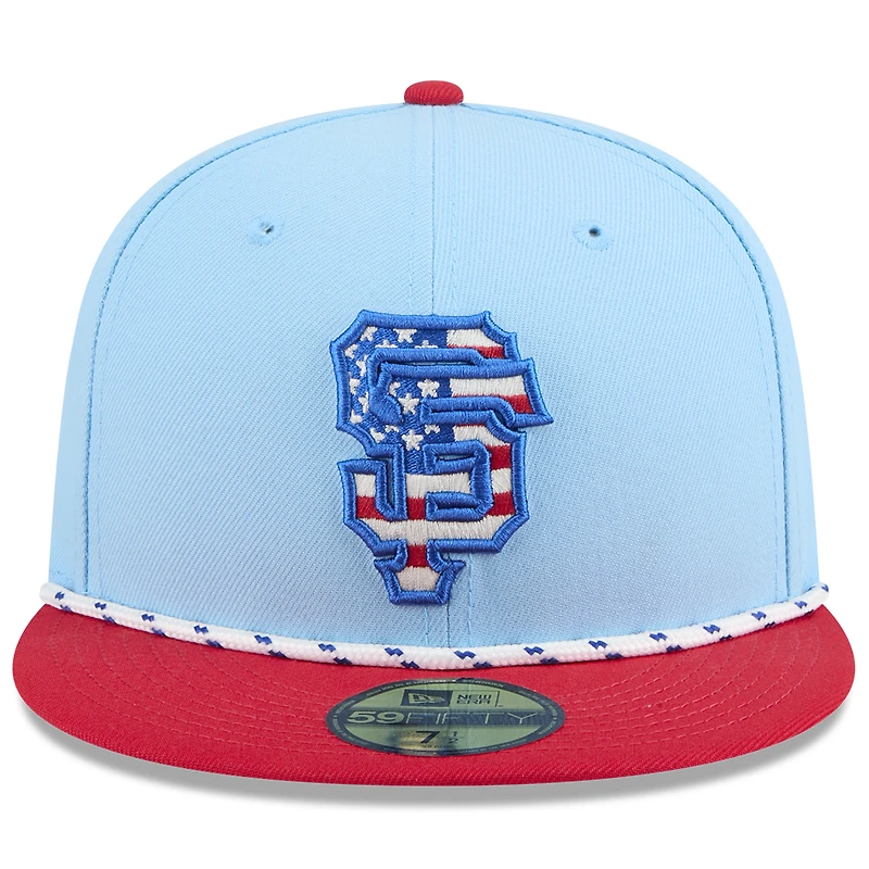 Casquette ajustée New Era 59FIFTY bleu clair/rouge pour homme des Giants de San Francisco 2025, 4 juillet